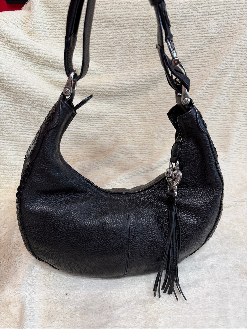 Brighton Black Leather Hobo Bag with Tassel Accent